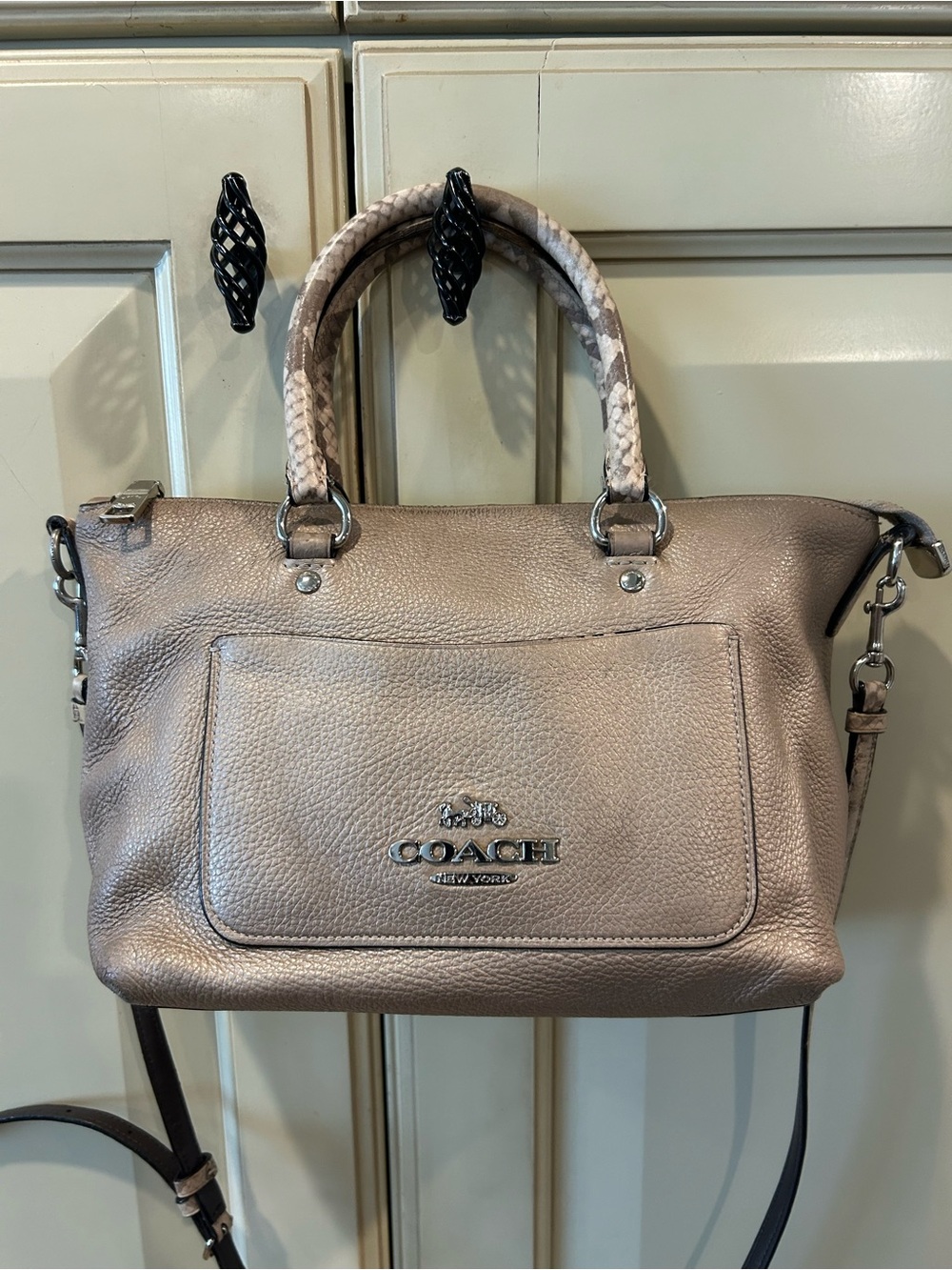 COACH Metallic Taupe Pebble Leather Satchel with Snakeskin Handles